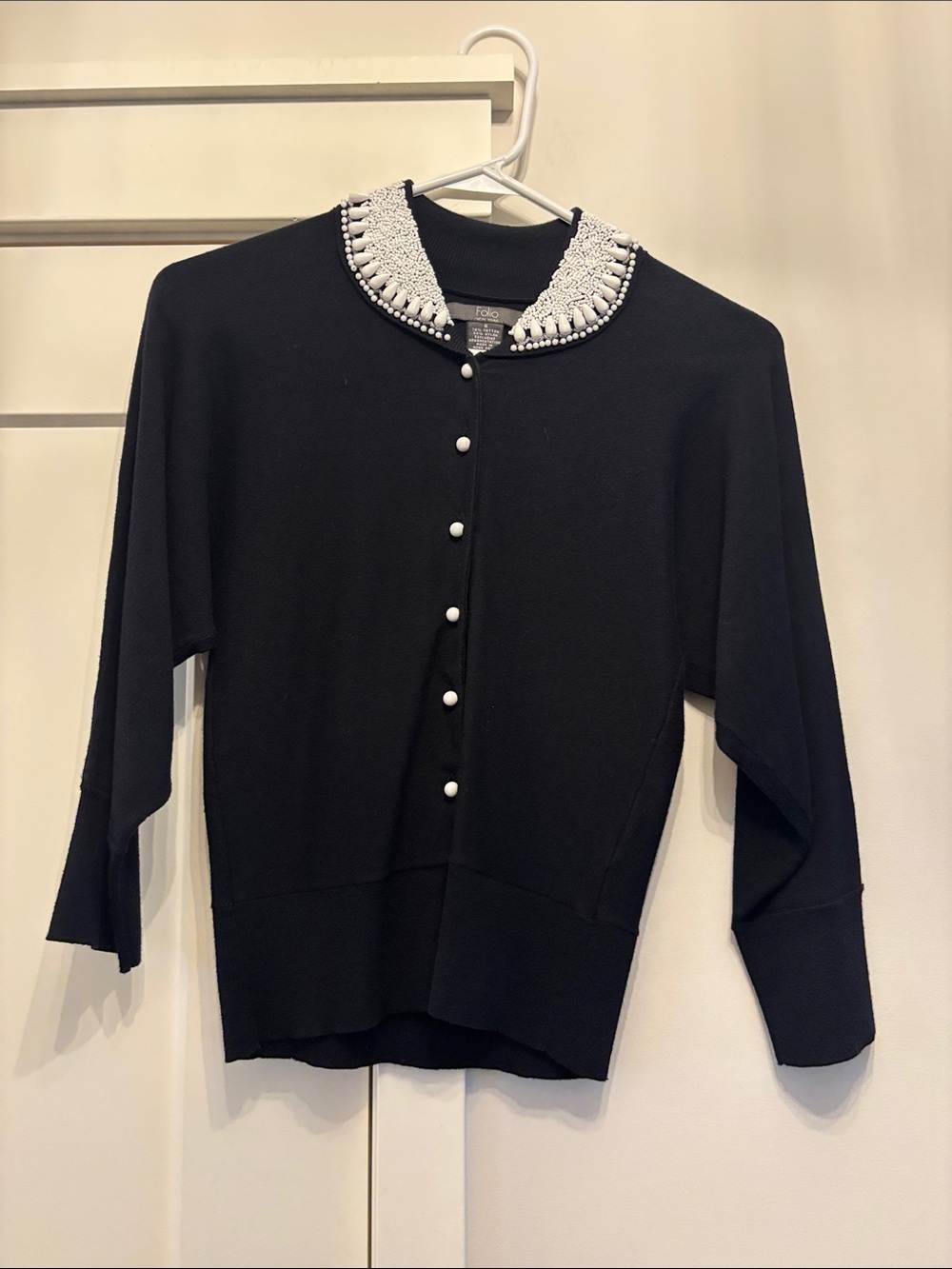 Black Embellished-Collar Cardigan with Pearl Buttons